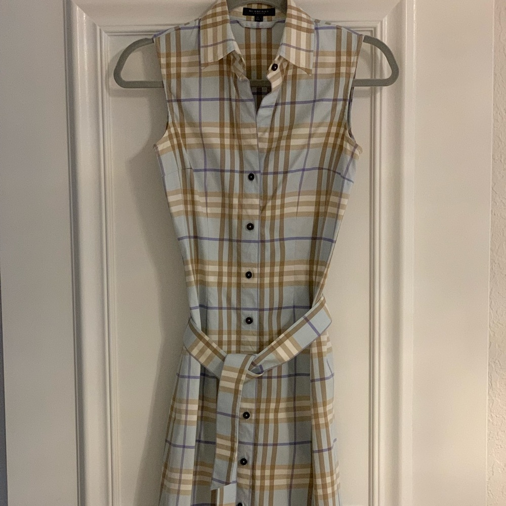 Authentic Burberry Light Blue Nova Check Sleeveless Shirt Dress.